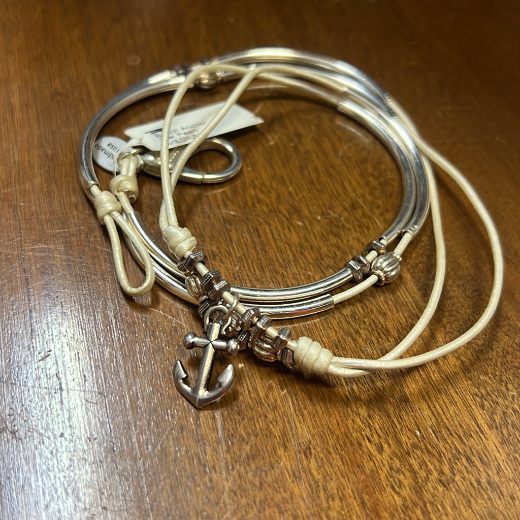 Lizzy James Wrap Bracelet - Anchor / Nautical - Silver & Champagne Cord